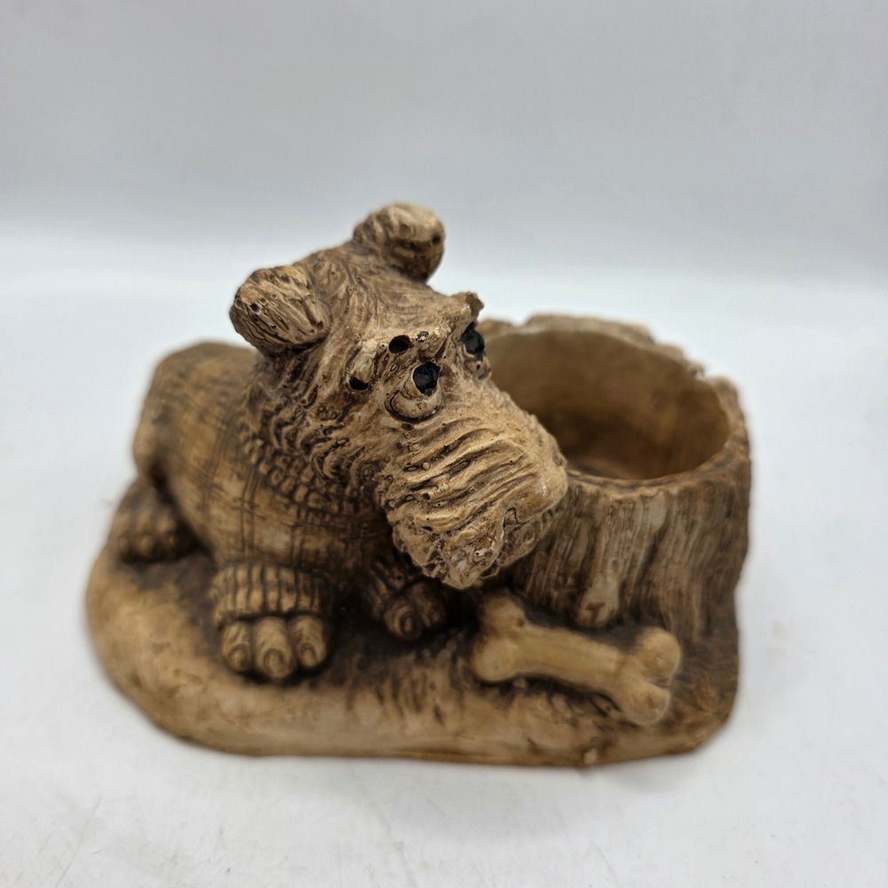 Vintage Terrier Scottie Dog Tree Stump Planter Figurine Bone Rustic Ceramic